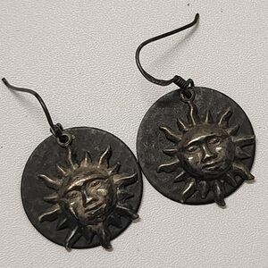 Vintage Sun Face Dangle Earrings Celestial Boho Silver Tone Pierced